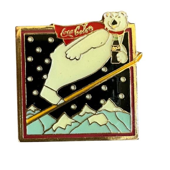 Coca-Cola Other - Coca-Cola Company 1994 Enamel Pin Polar Bear Skiing Scarf Mountains Square Vtg